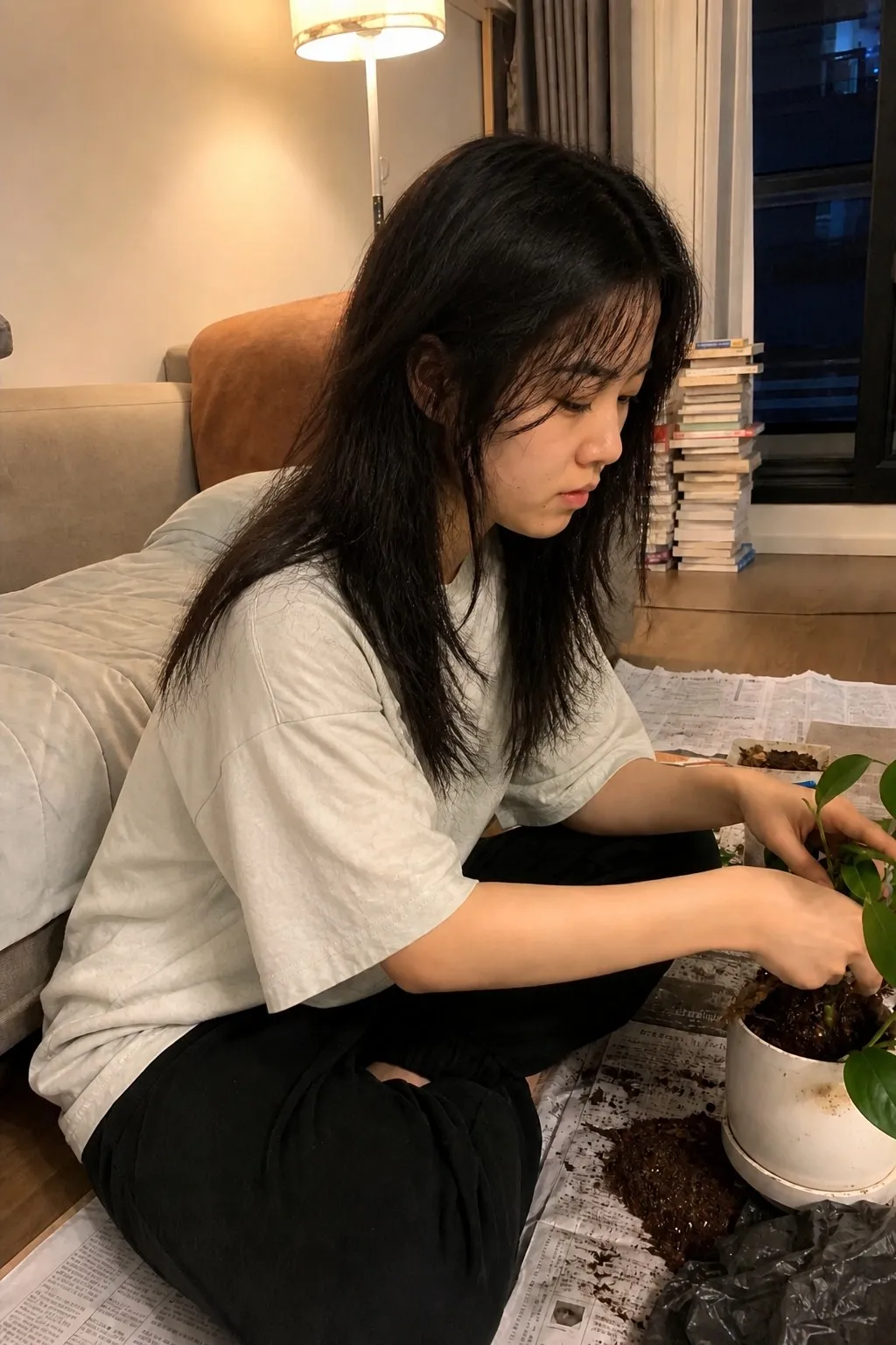 A woman repotting a plant on her apartment floor before and after a layered shag